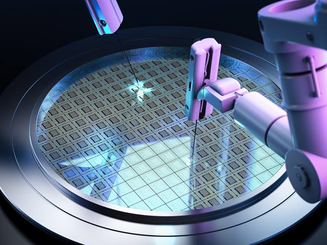 3D-Rendering-Roboterarme mit Siliziumwafern für die Halbleiterfertigung