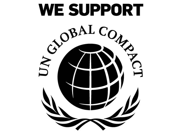 Logo vom UN Global Compact mit schwarzem Globus und Schriftzug "We support"