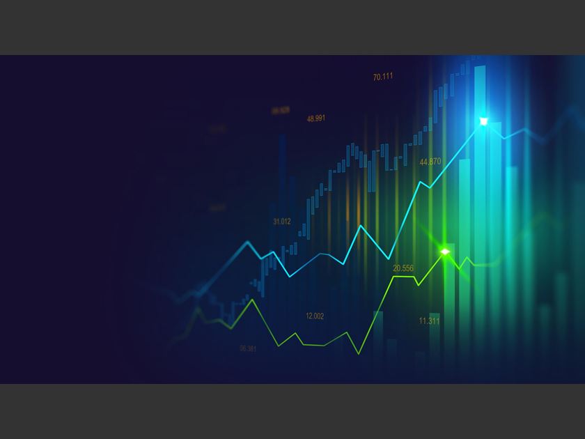 Aktienkurs in grün und blau mit leuchtenden Höhepunkten