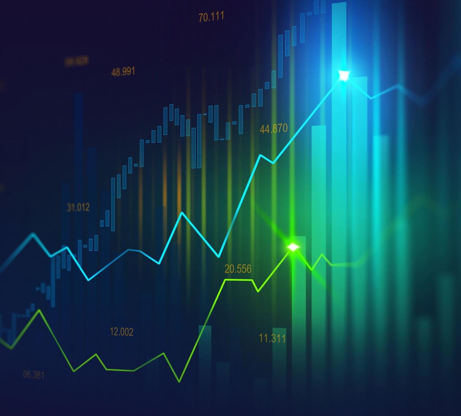 Aktienkurs in grün und blau mit leuchtenden Höhepunkten