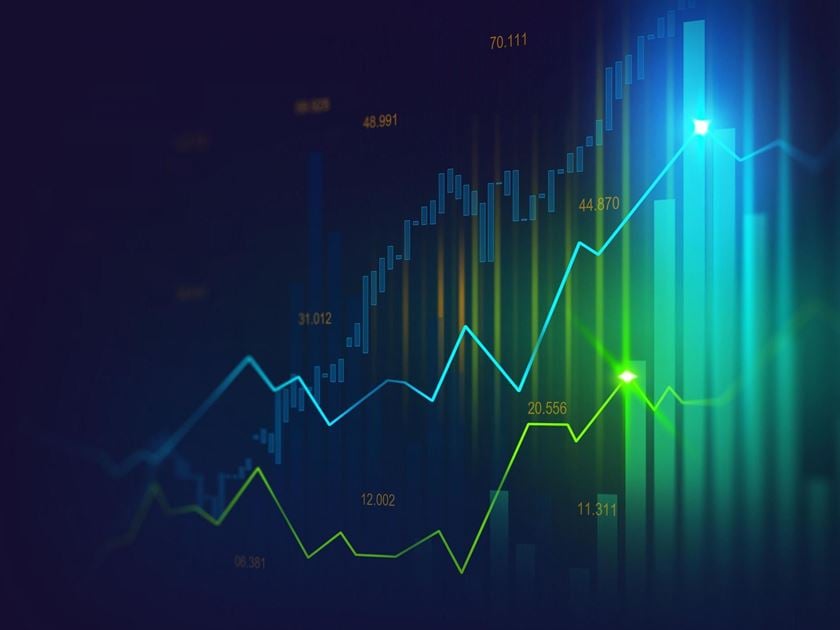 Aktienkurs in grün und blau mit leuchtenden Höhepunkten